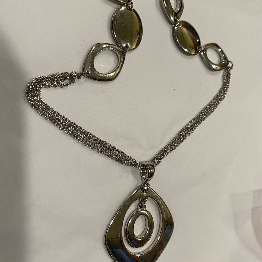 Lia Sophia Multi Strand Silver Necklace with Geometric Charm and Accents
